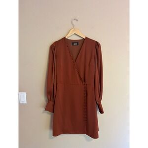 Alexa Admor Rust Brown Long Sleeve Button‎ Wrap Mini Dress Puff Shoulder Bishop